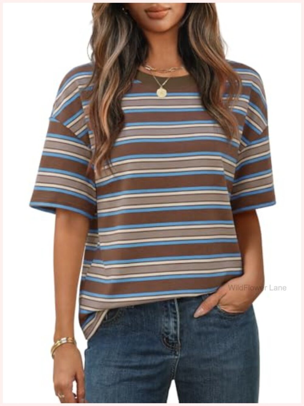 Womens Summer Short Sleeve Striped Casual Tops Crew Neck Loose Fit T-Shirt